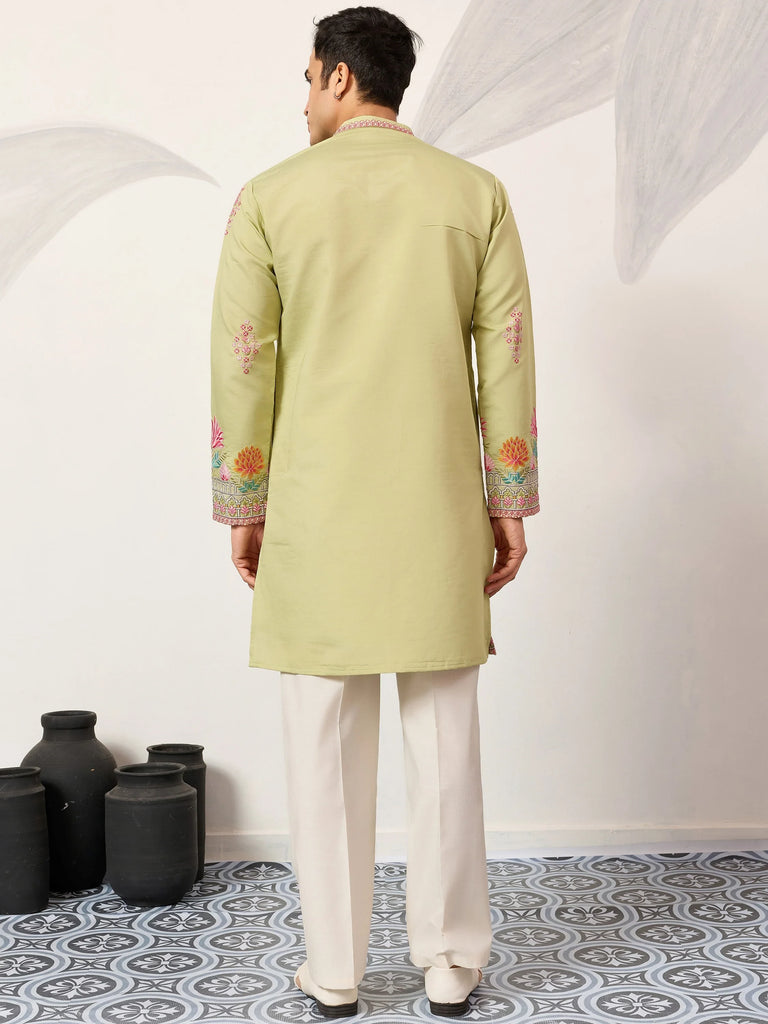 Captivating Green Thread Embroidered Silk Wedding Wear Men’s Kurta