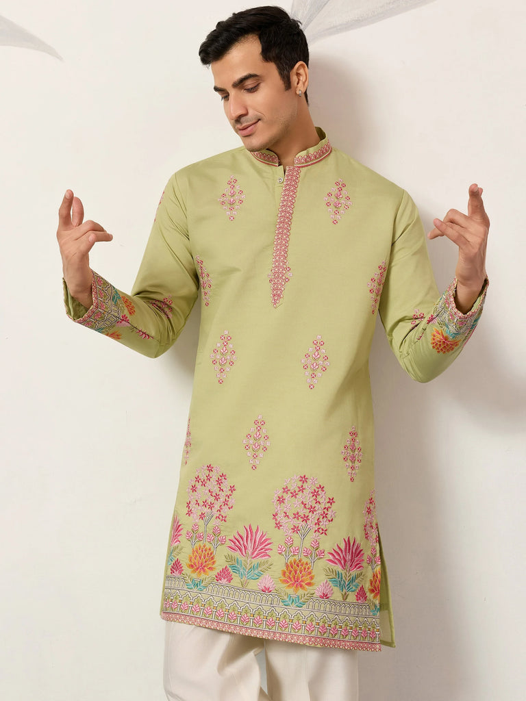 Captivating Green Thread Embroidered Silk Wedding Wear Men’s Kurta
