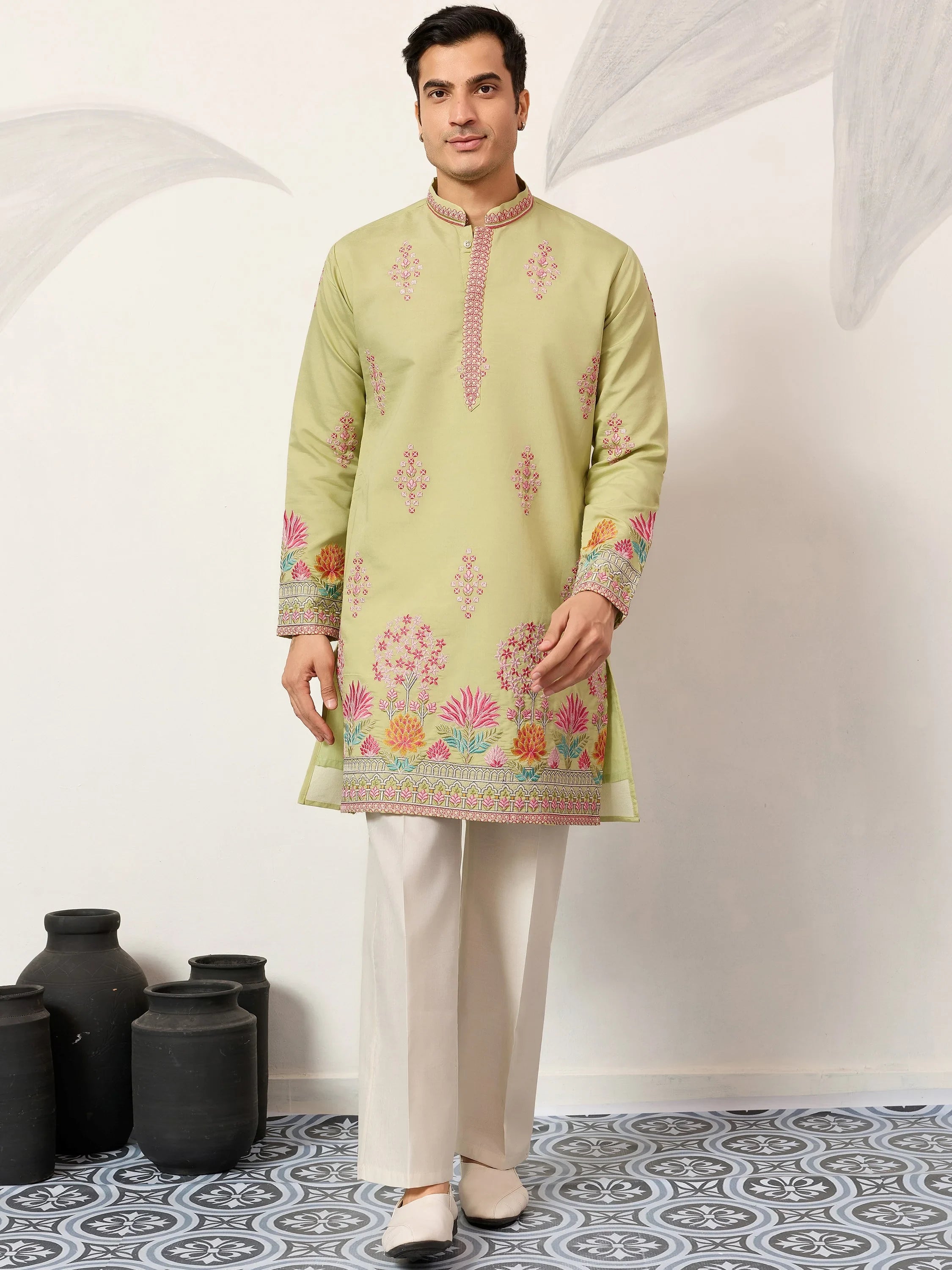 Captivating Green Thread Embroidered Silk Wedding Wear Men’s Kurta