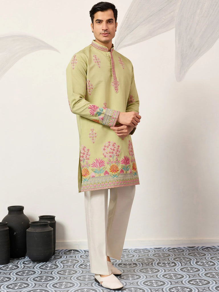 Captivating Green Thread Embroidered Silk Wedding Wear Men’s Kurta