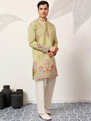 Captivating Green Thread Embroidered Silk Wedding Wear Men’s Kurta