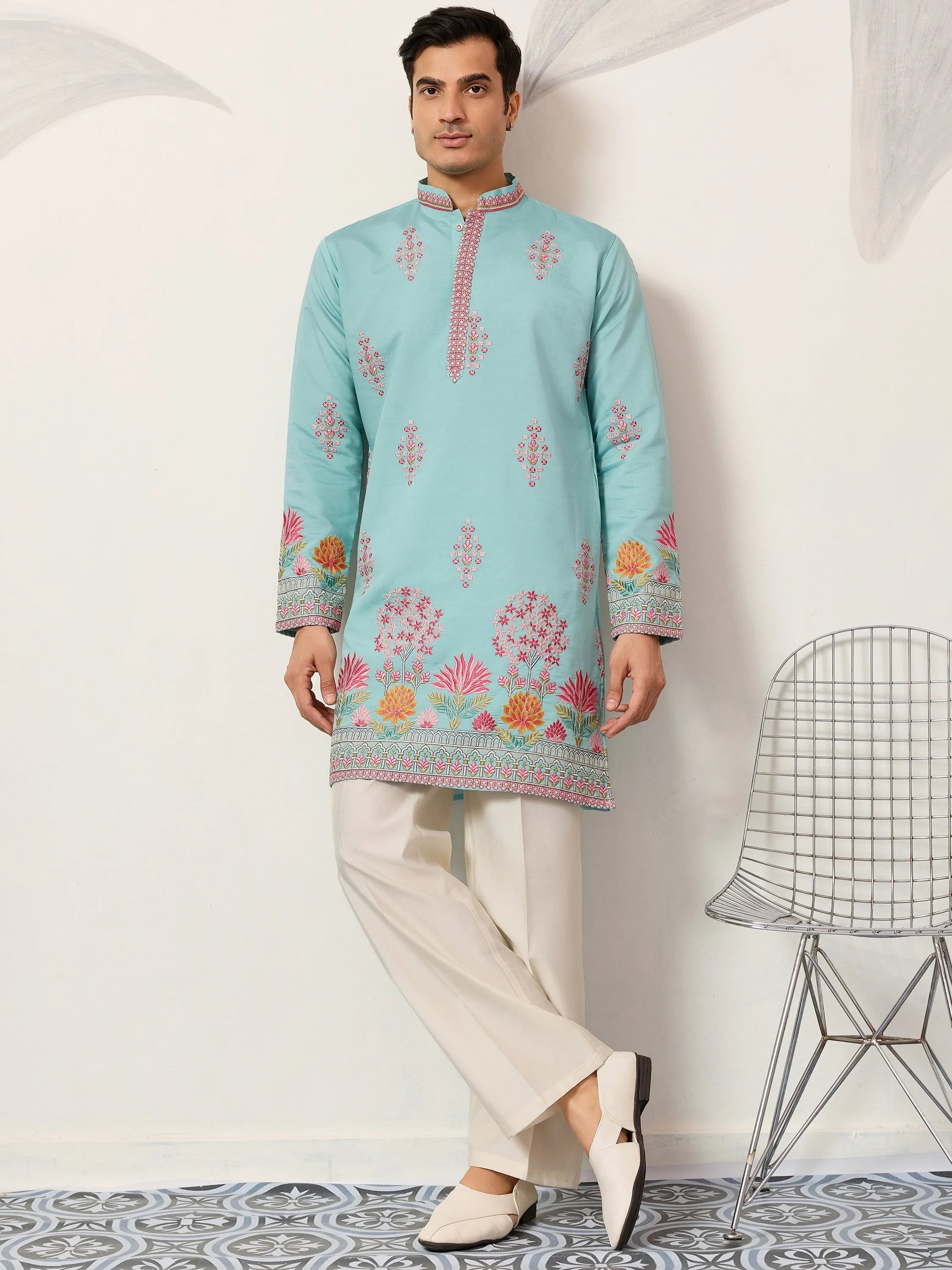 Sparkling Blue Thread Embroidered Silk Festival Wear Men’s Kurta