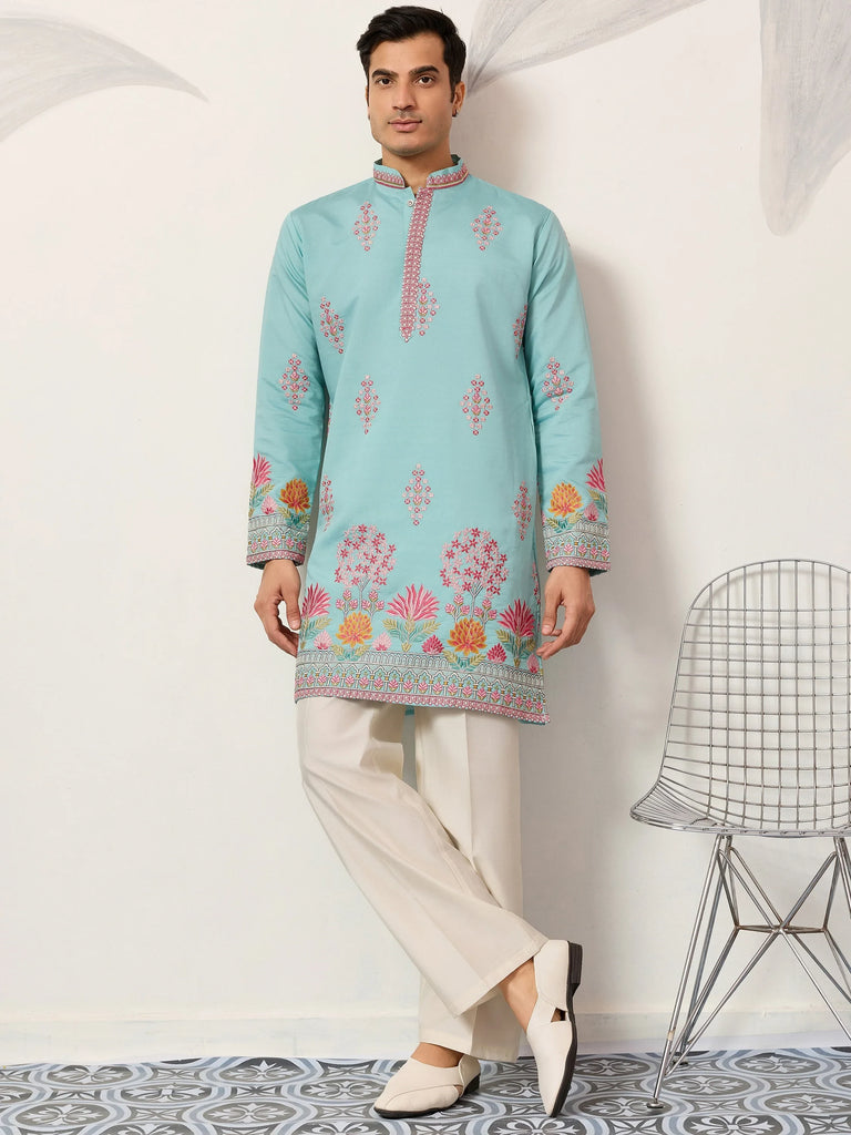 Sparkling Blue Thread Embroidered Silk Festival Wear Men’s Kurta