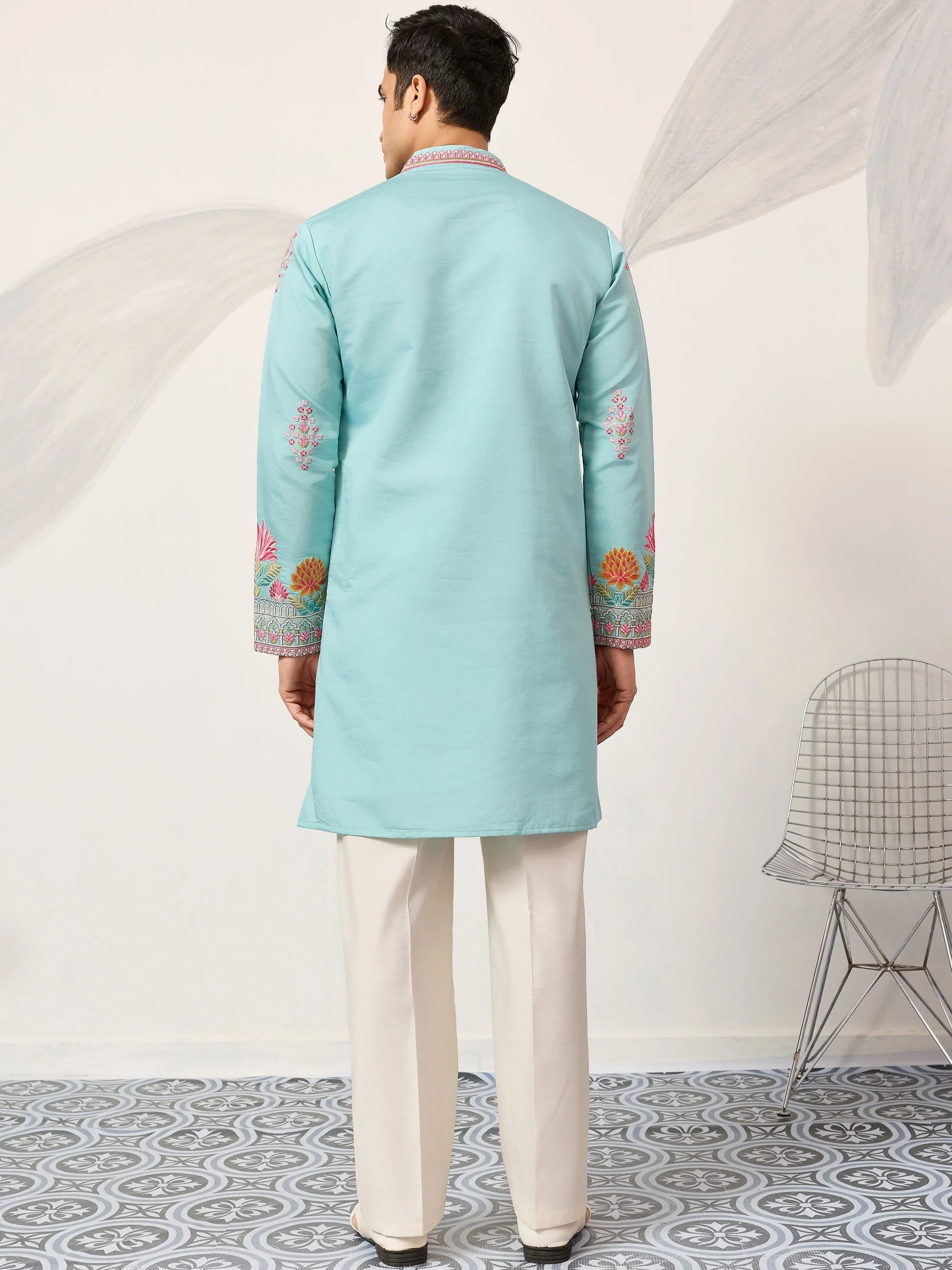 Sparkling Blue Thread Embroidered Silk Festival Wear Men’s Kurta