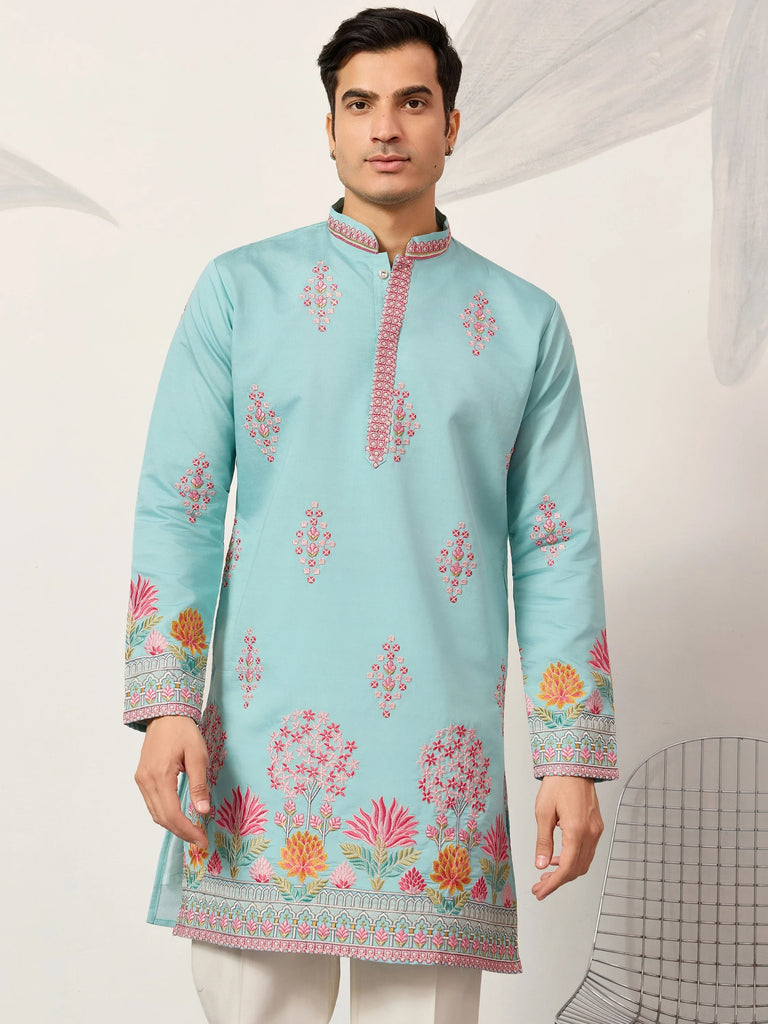Sparkling Blue Thread Embroidered Silk Festival Wear Men’s Kurta