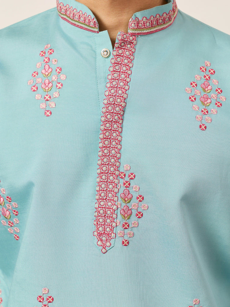 Sparkling Blue Thread Embroidered Silk Festival Wear Men’s Kurta