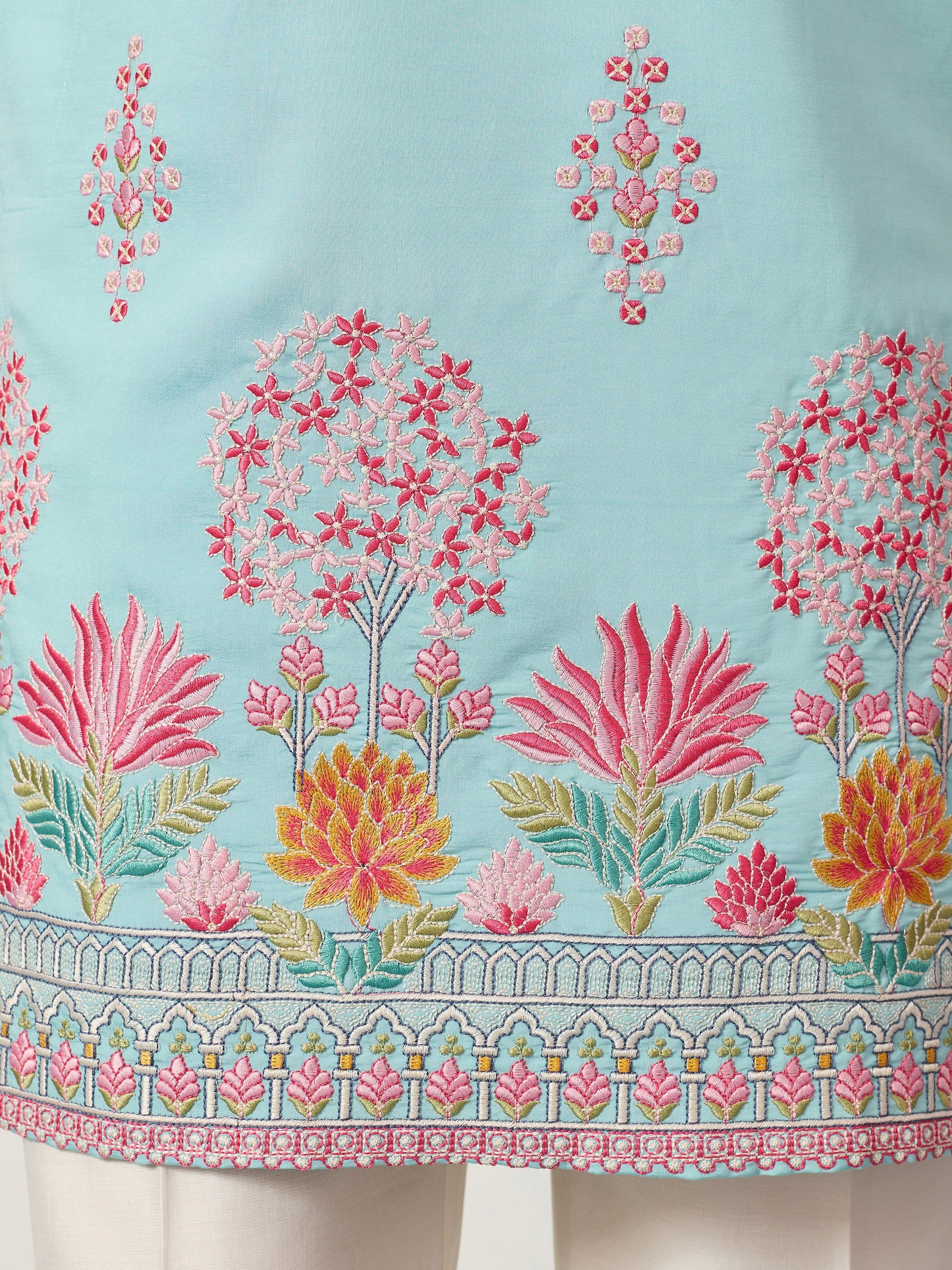 Sparkling Blue Thread Embroidered Silk Festival Wear Men’s Kurta