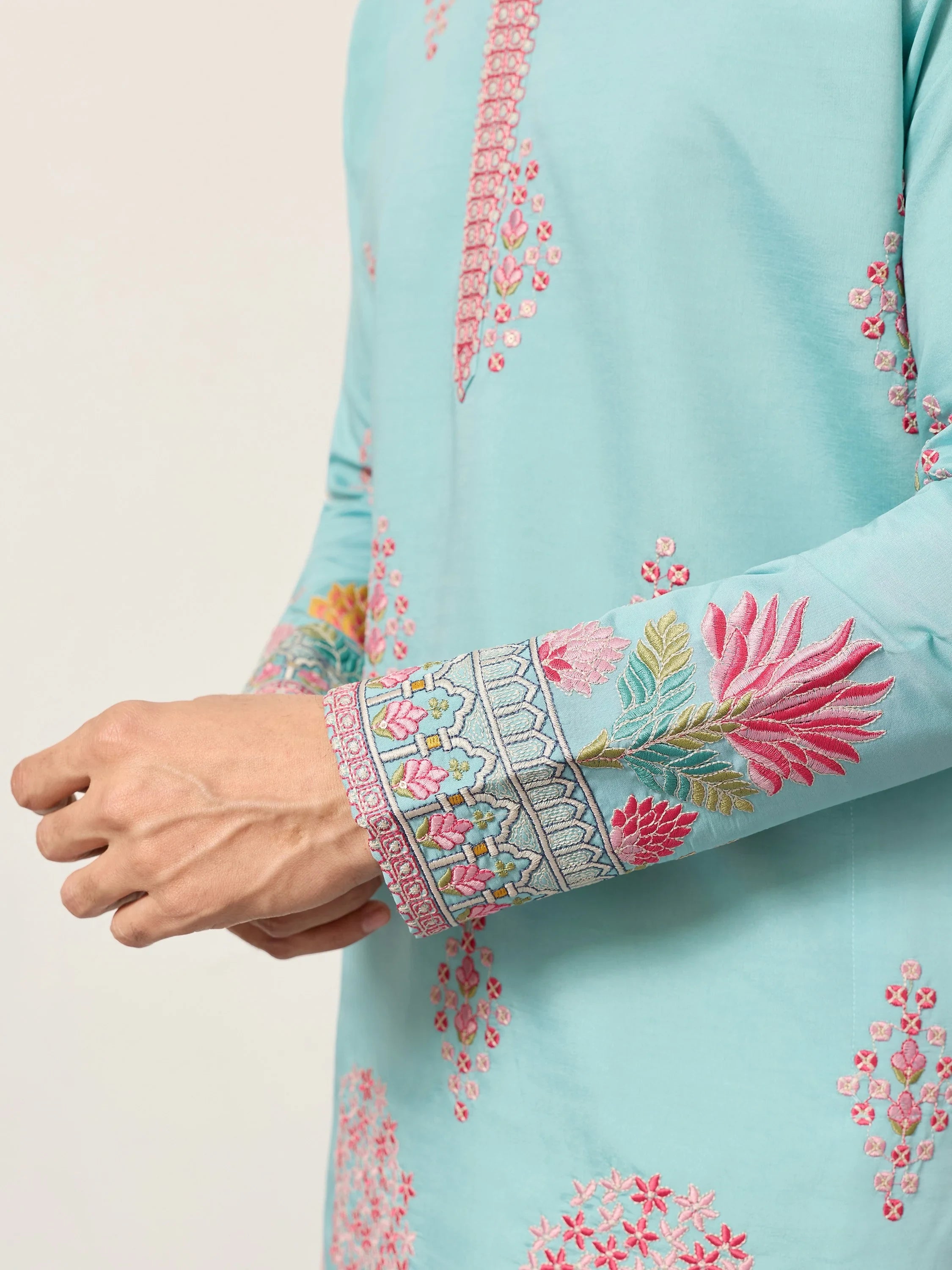 Sparkling Blue Thread Embroidered Silk Festival Wear Men’s Kurta