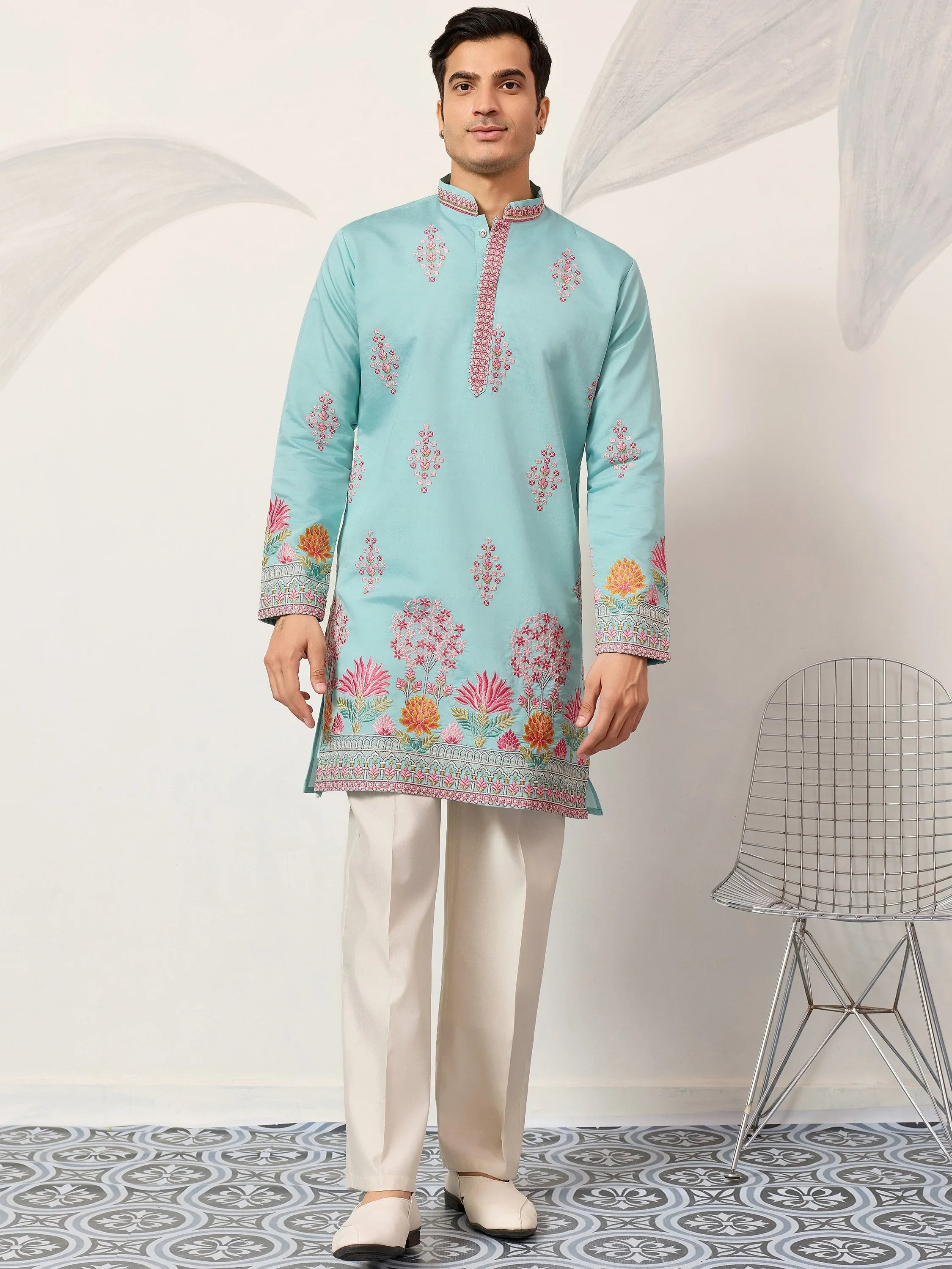 Sparkling Blue Thread Embroidered Silk Festival Wear Men’s Kurta