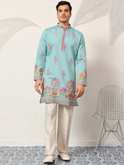 Sparkling Blue Thread Embroidered Silk Festival Wear Men’s Kurta