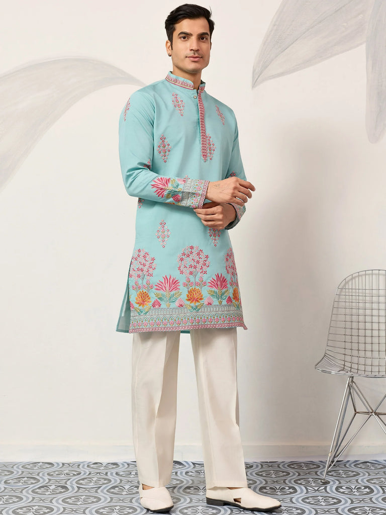 Sparkling Blue Thread Embroidered Silk Festival Wear Men’s Kurta