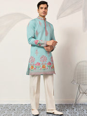 Sparkling Blue Thread Embroidered Silk Festival Wear Men’s Kurta