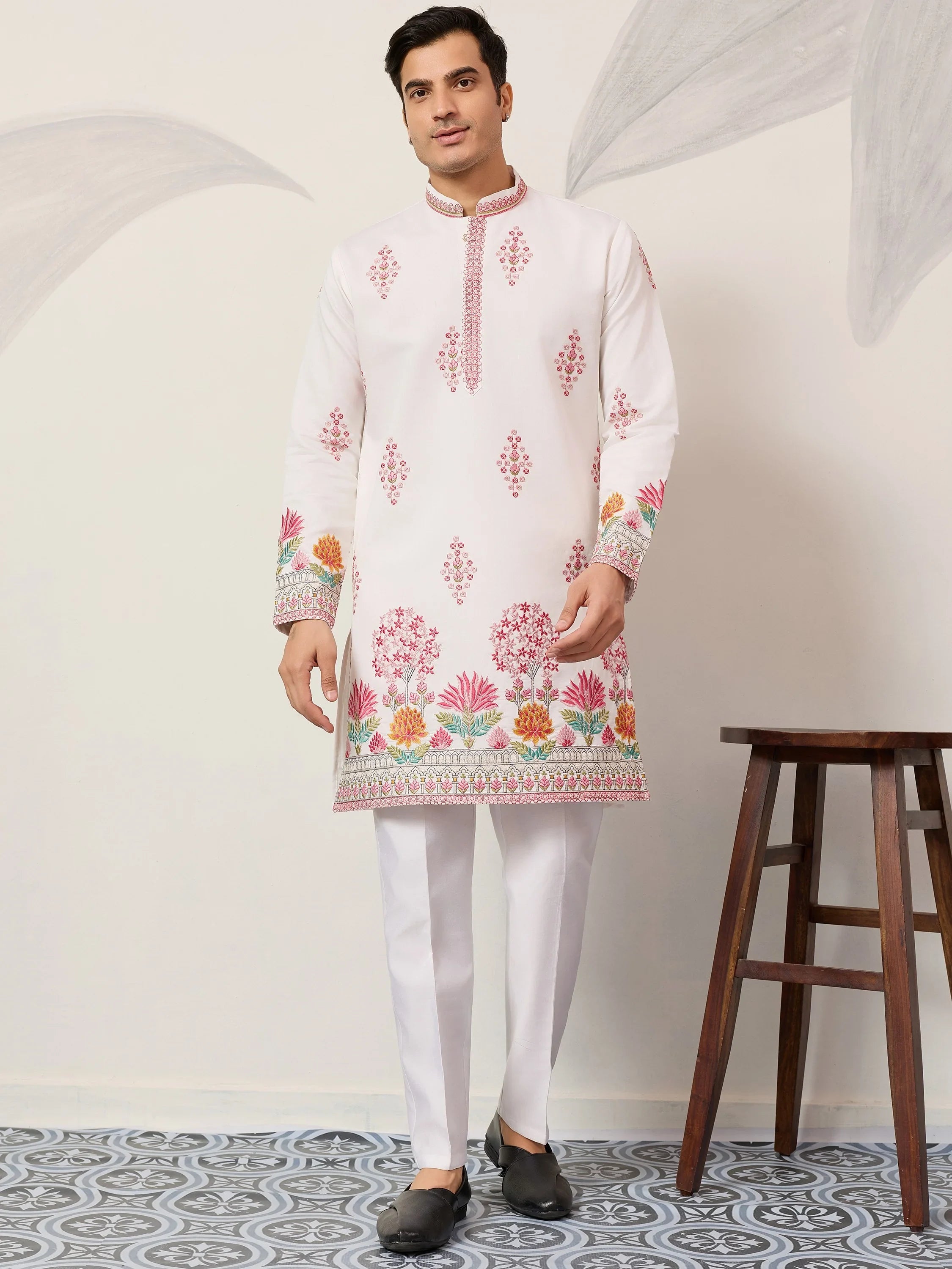 Fantastic Off-White Thread Embroidered Silk Function Wear Men’s Kurta