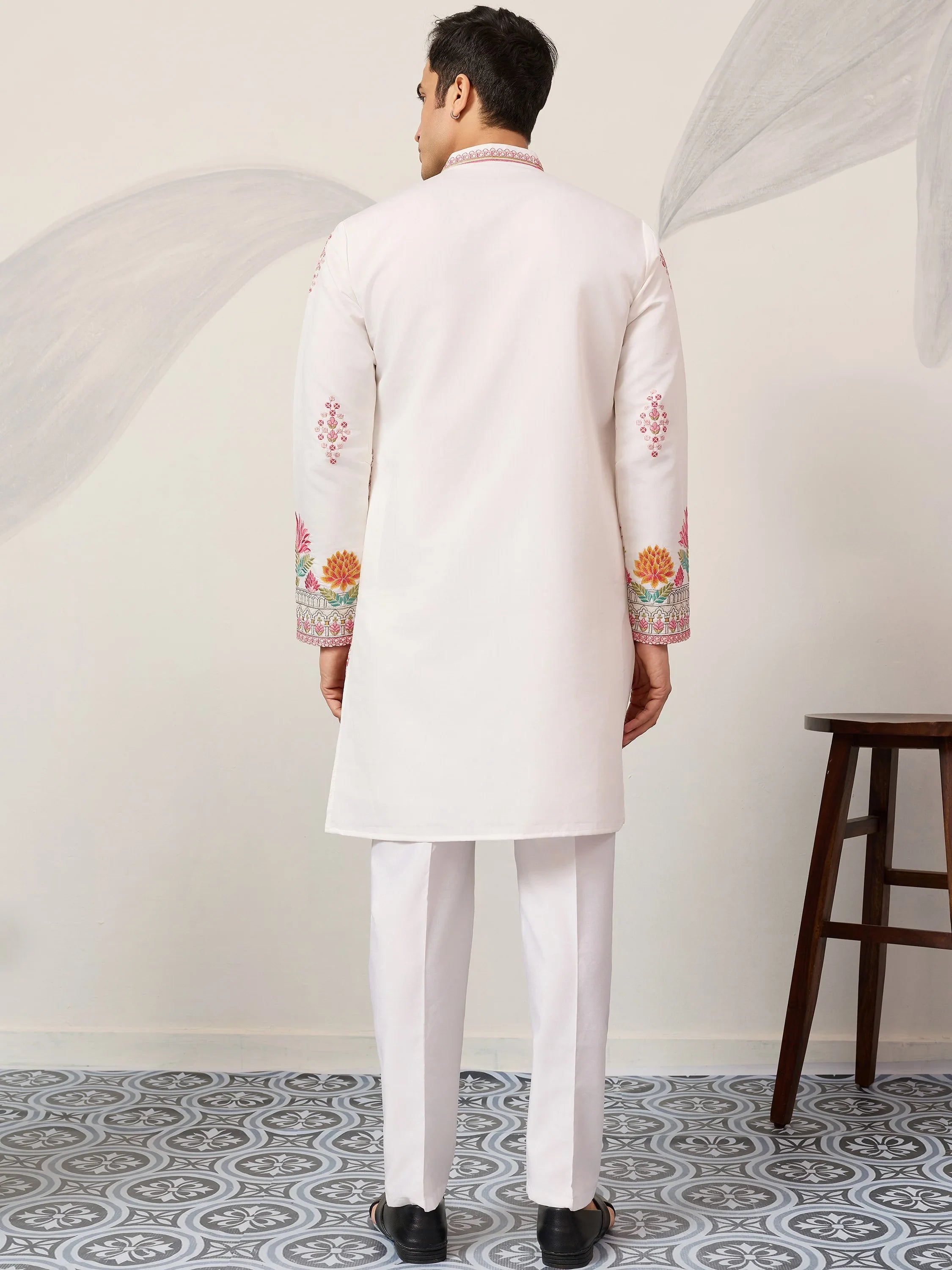 Fantastic Off-White Thread Embroidered Silk Function Wear Men’s Kurta