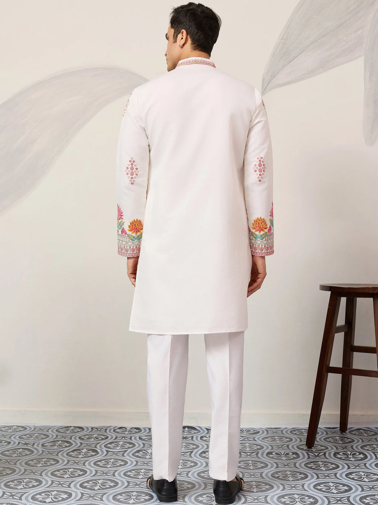 Fantastic Off-White Thread Embroidered Silk Function Wear Men’s Kurta