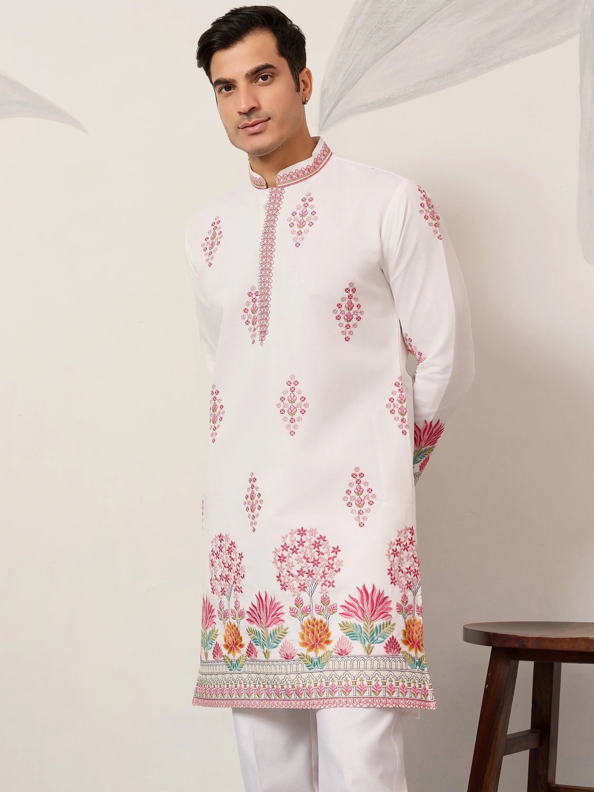 Fantastic Off-White Thread Embroidered Silk Function Wear Men’s Kurta