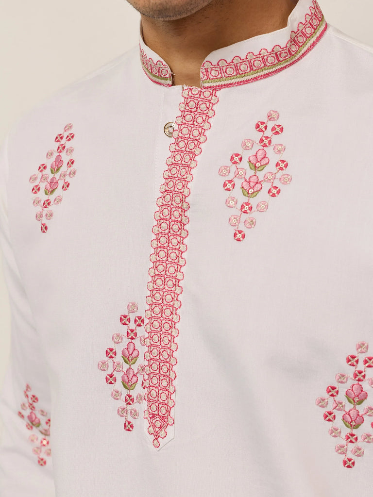 Fantastic Off-White Thread Embroidered Silk Function Wear Men’s Kurta