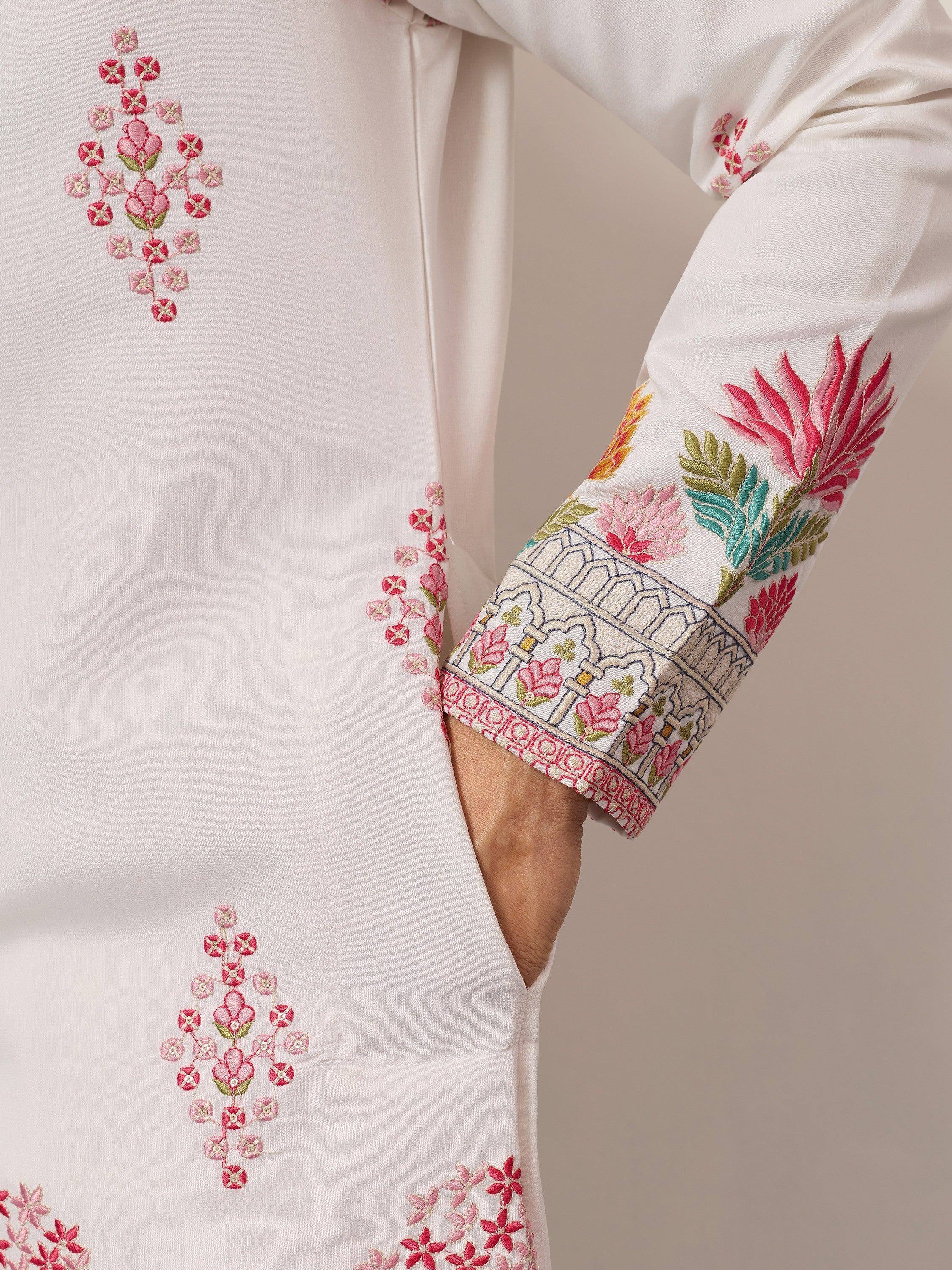 Fantastic Off-White Thread Embroidered Silk Function Wear Men’s Kurta