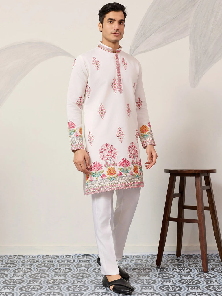 Fantastic Off-White Thread Embroidered Silk Function Wear Men’s Kurta