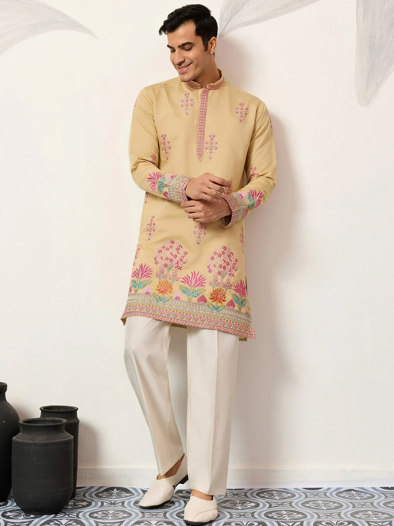 Fabulous Beige Thread Embroidered Silk Festival Wear Men’s Kurta
