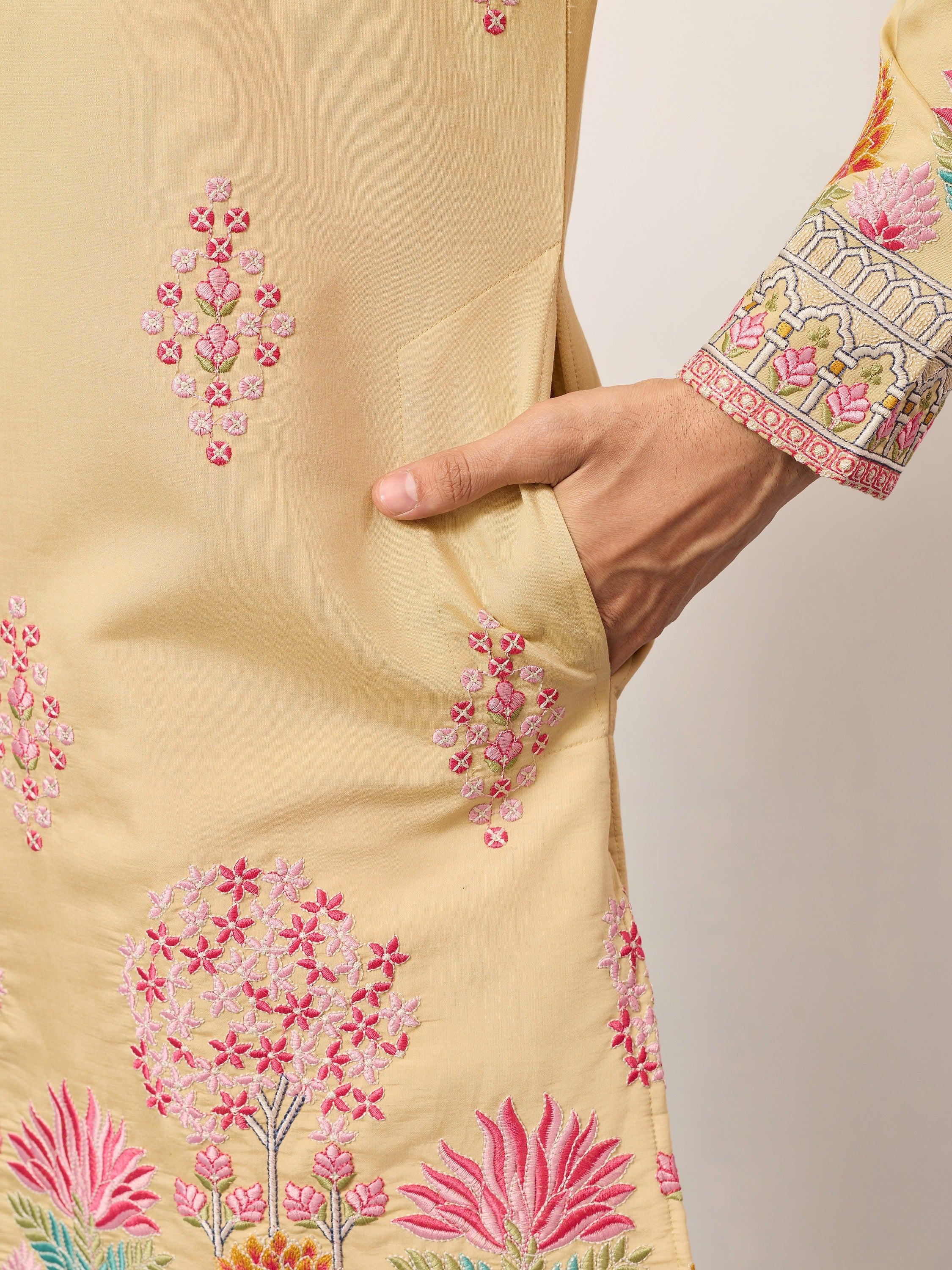Fabulous Beige Thread Embroidered Silk Festival Wear Men’s Kurta
