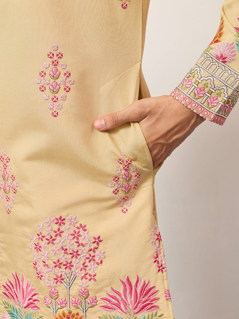 Fabulous Beige Thread Embroidered Silk Festival Wear Men’s Kurta