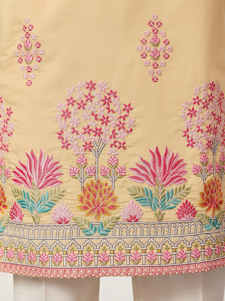 Fabulous Beige Thread Embroidered Silk Festival Wear Men’s Kurta