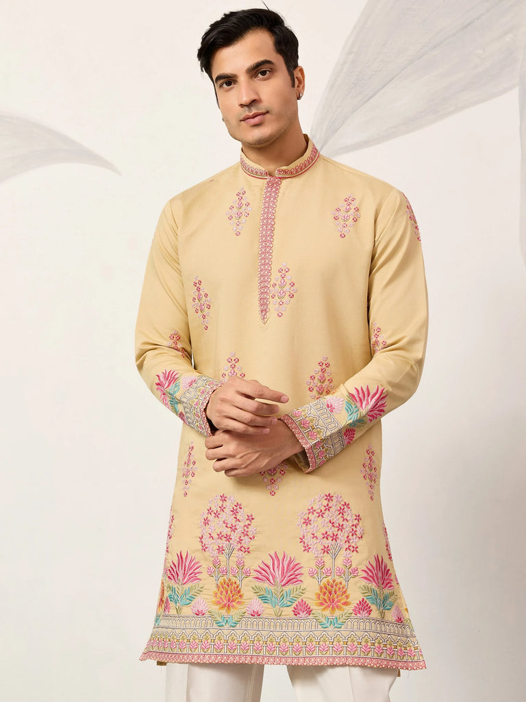 Fabulous Beige Thread Embroidered Silk Festival Wear Men’s Kurta