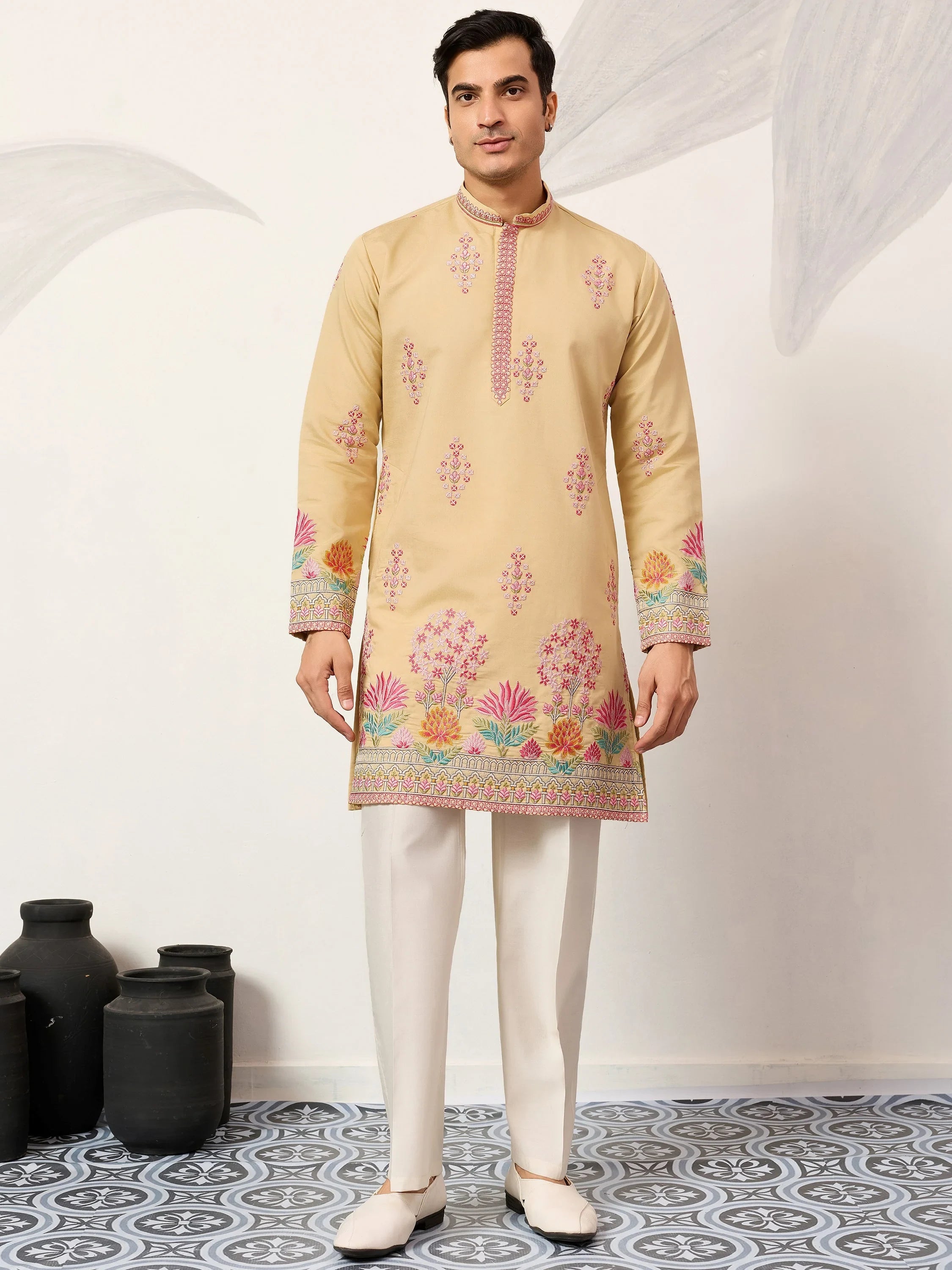 Fabulous Beige Thread Embroidered Silk Festival Wear Men’s Kurta