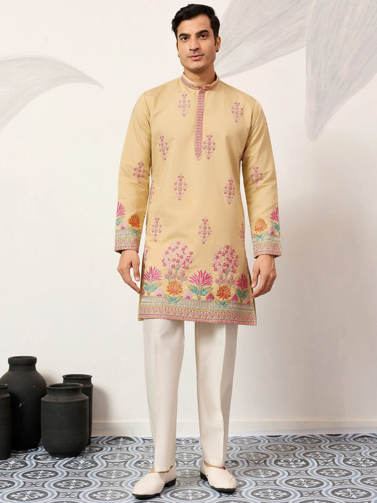 Fabulous Beige Thread Embroidered Silk Festival Wear Men’s Kurta