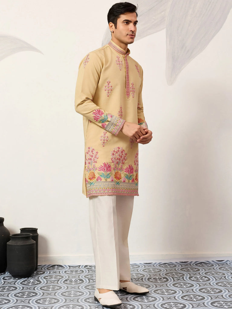 Fabulous Beige Thread Embroidered Silk Festival Wear Men’s Kurta