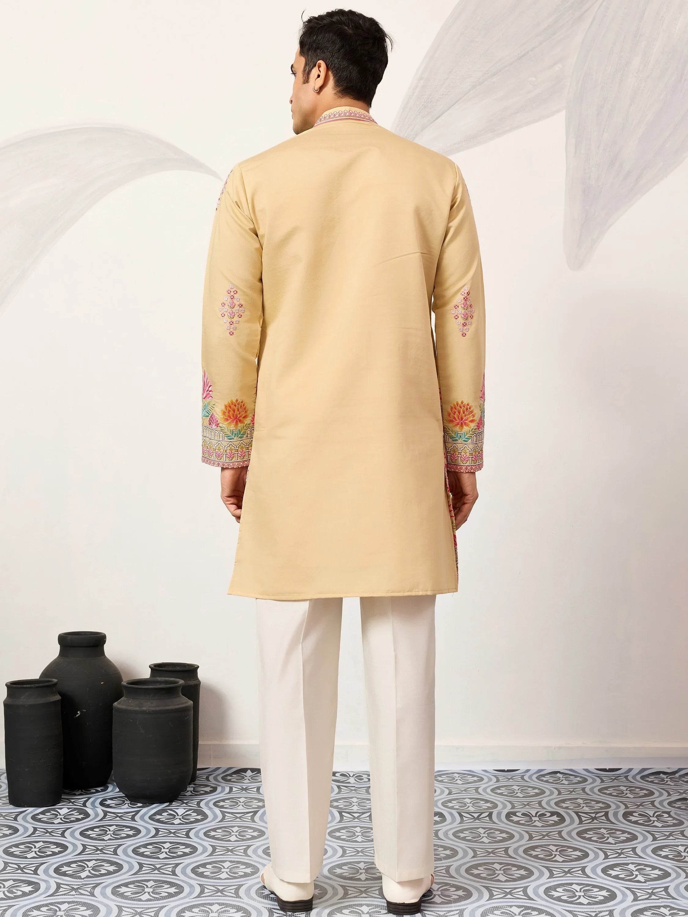 Fabulous Beige Thread Embroidered Silk Festival Wear Men’s Kurta