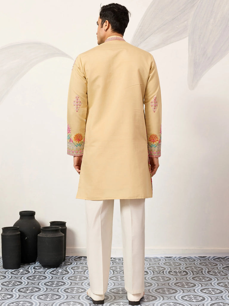 Fabulous Beige Thread Embroidered Silk Festival Wear Men’s Kurta