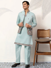 Attractive Green Embroidered Silk Wedding Wear Men’s Kurta With Koti