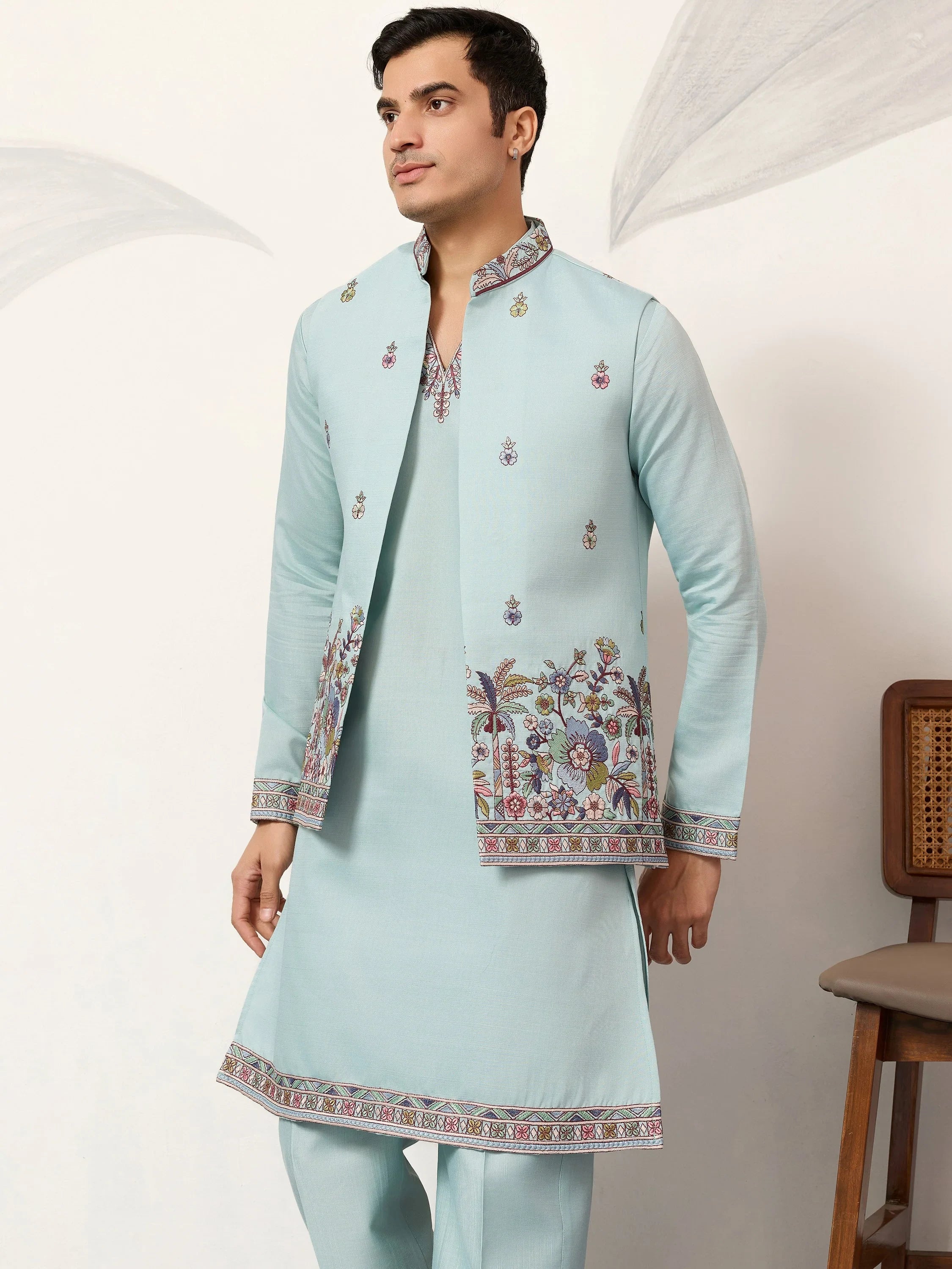 Attractive Green Embroidered Silk Wedding Wear Men’s Kurta With Koti