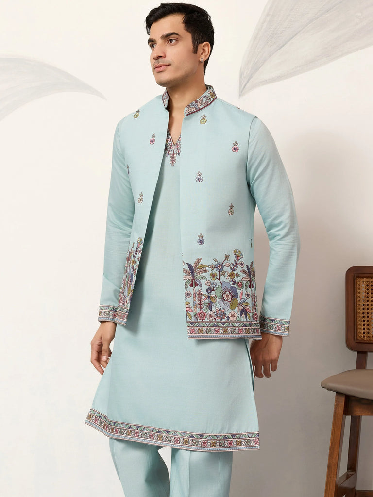 Attractive Green Embroidered Silk Wedding Wear Men’s Kurta With Koti