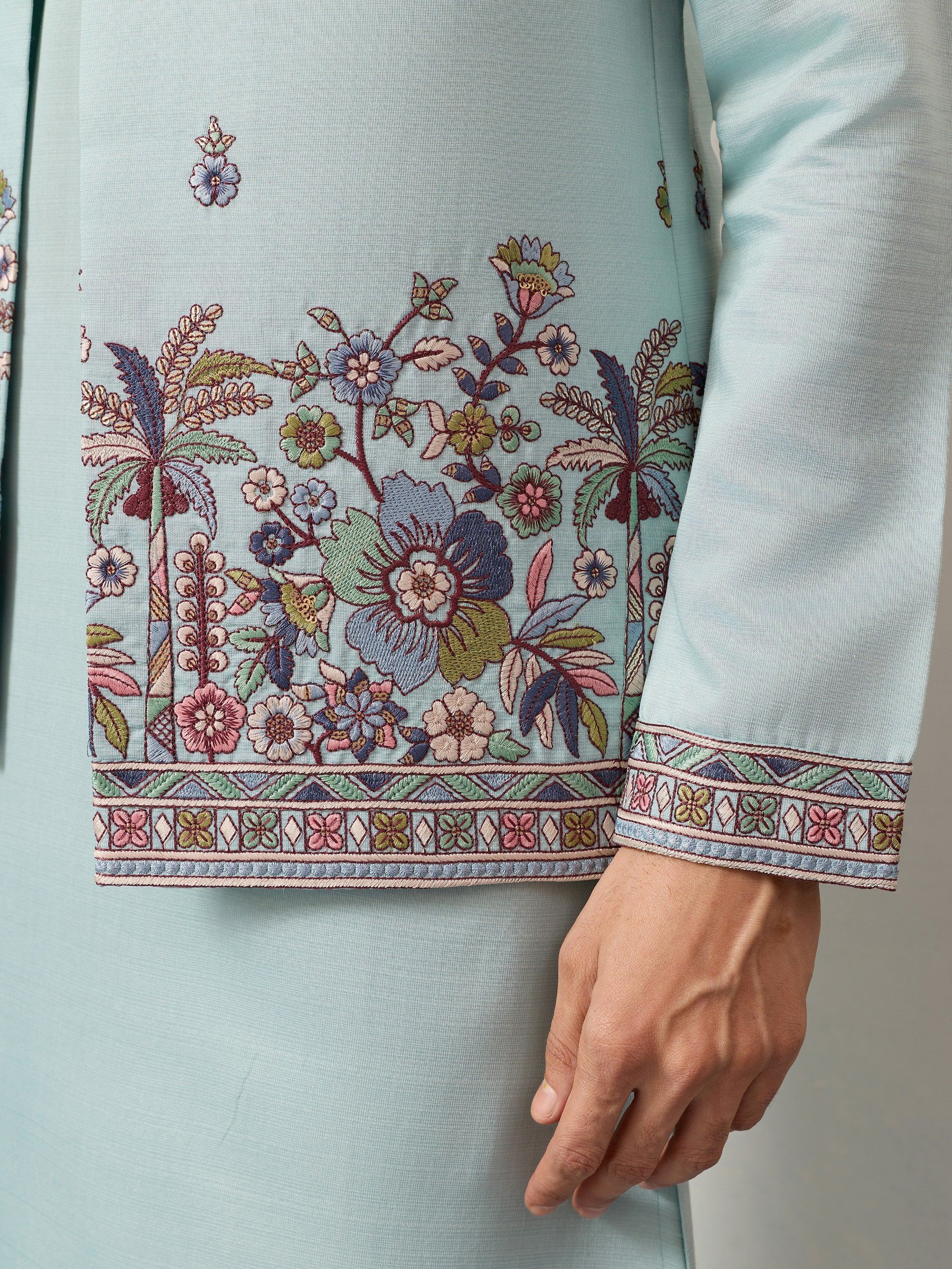 Attractive Green Embroidered Silk Wedding Wear Men’s Kurta With Koti