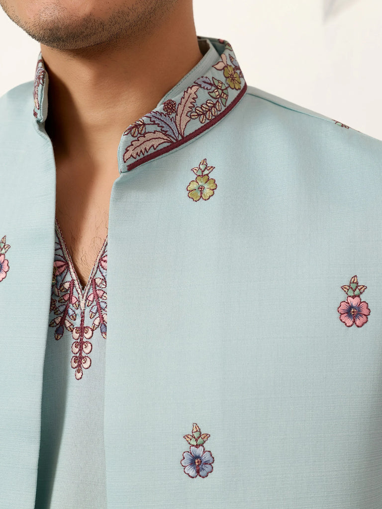 Attractive Green Embroidered Silk Wedding Wear Men’s Kurta With Koti