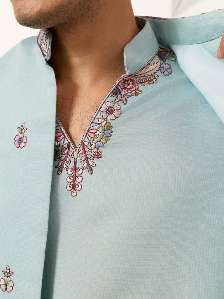 Attractive Green Embroidered Silk Wedding Wear Men’s Kurta With Koti