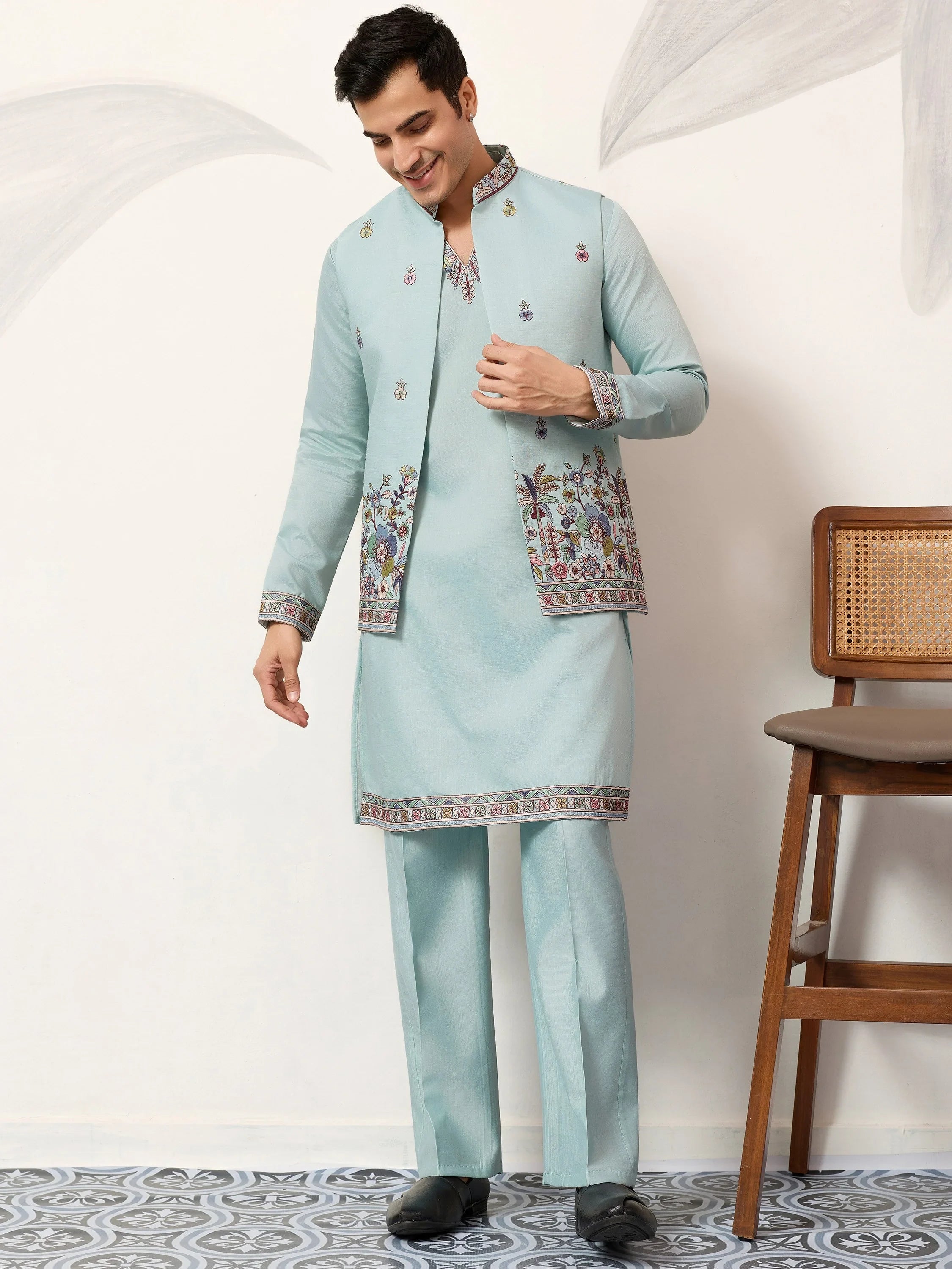 Attractive Green Embroidered Silk Wedding Wear Men’s Kurta With Koti