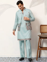 Attractive Green Embroidered Silk Wedding Wear Men’s Kurta With Koti