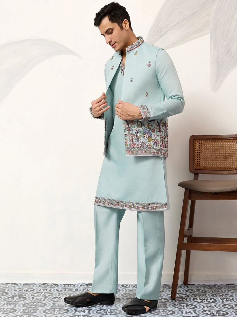Attractive Green Embroidered Silk Wedding Wear Men’s Kurta With Koti