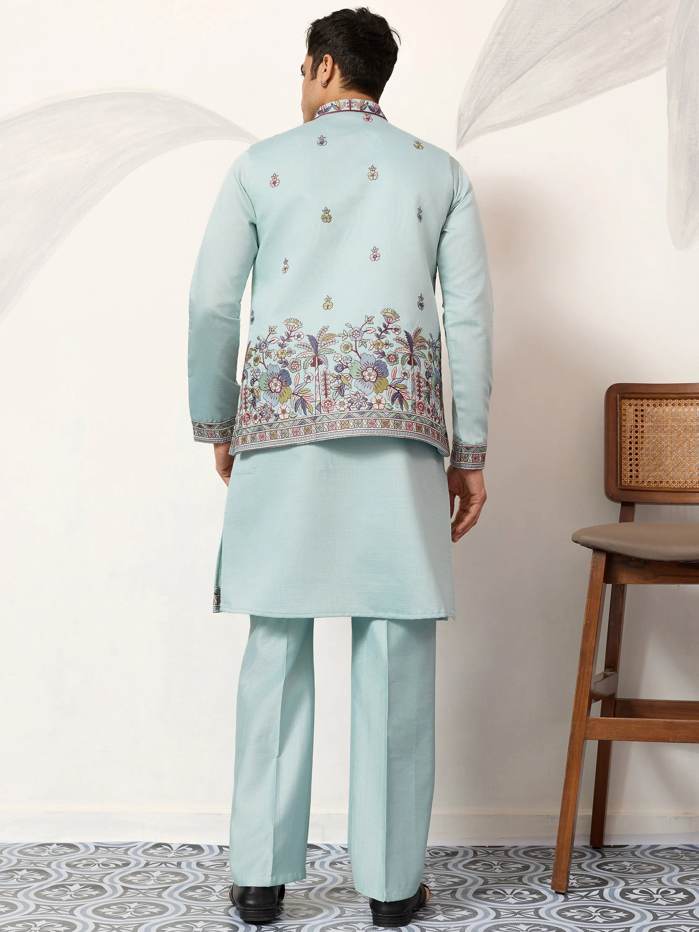 Attractive Green Embroidered Silk Wedding Wear Men’s Kurta With Koti