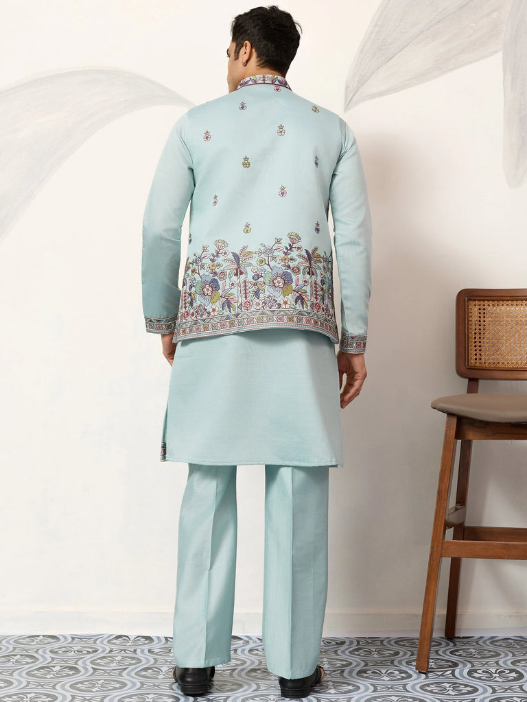 Attractive Green Embroidered Silk Wedding Wear Men’s Kurta With Koti