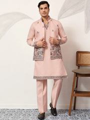 Awesome Peach Embroidered Silk Festival Wear Men’s Kurta With Koti