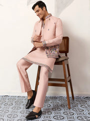 Awesome Peach Embroidered Silk Festival Wear Men’s Kurta With Koti