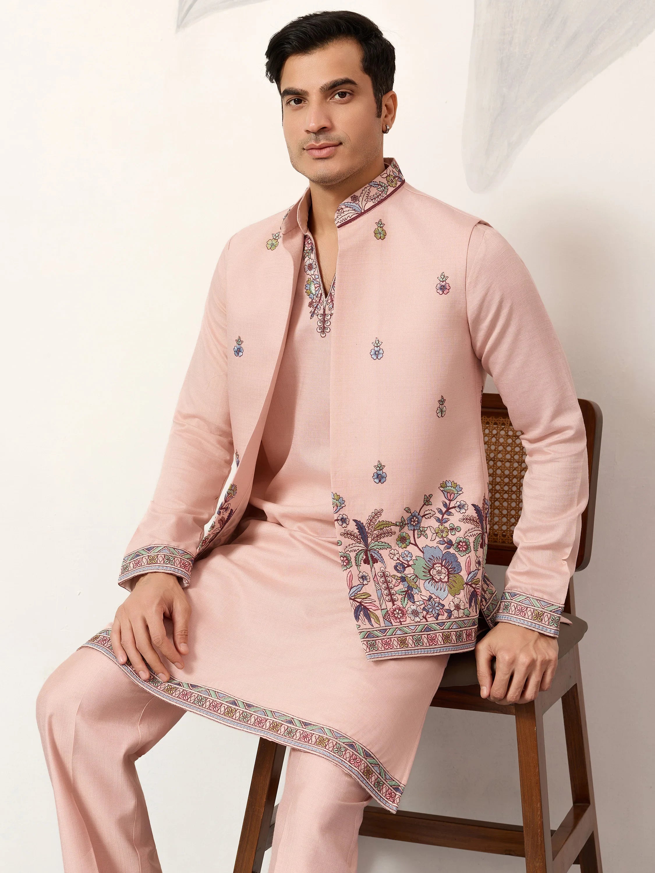 Awesome Peach Embroidered Silk Festival Wear Men’s Kurta With Koti