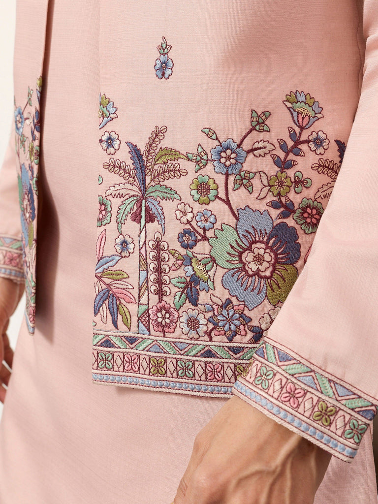 Awesome Peach Embroidered Silk Festival Wear Men’s Kurta With Koti