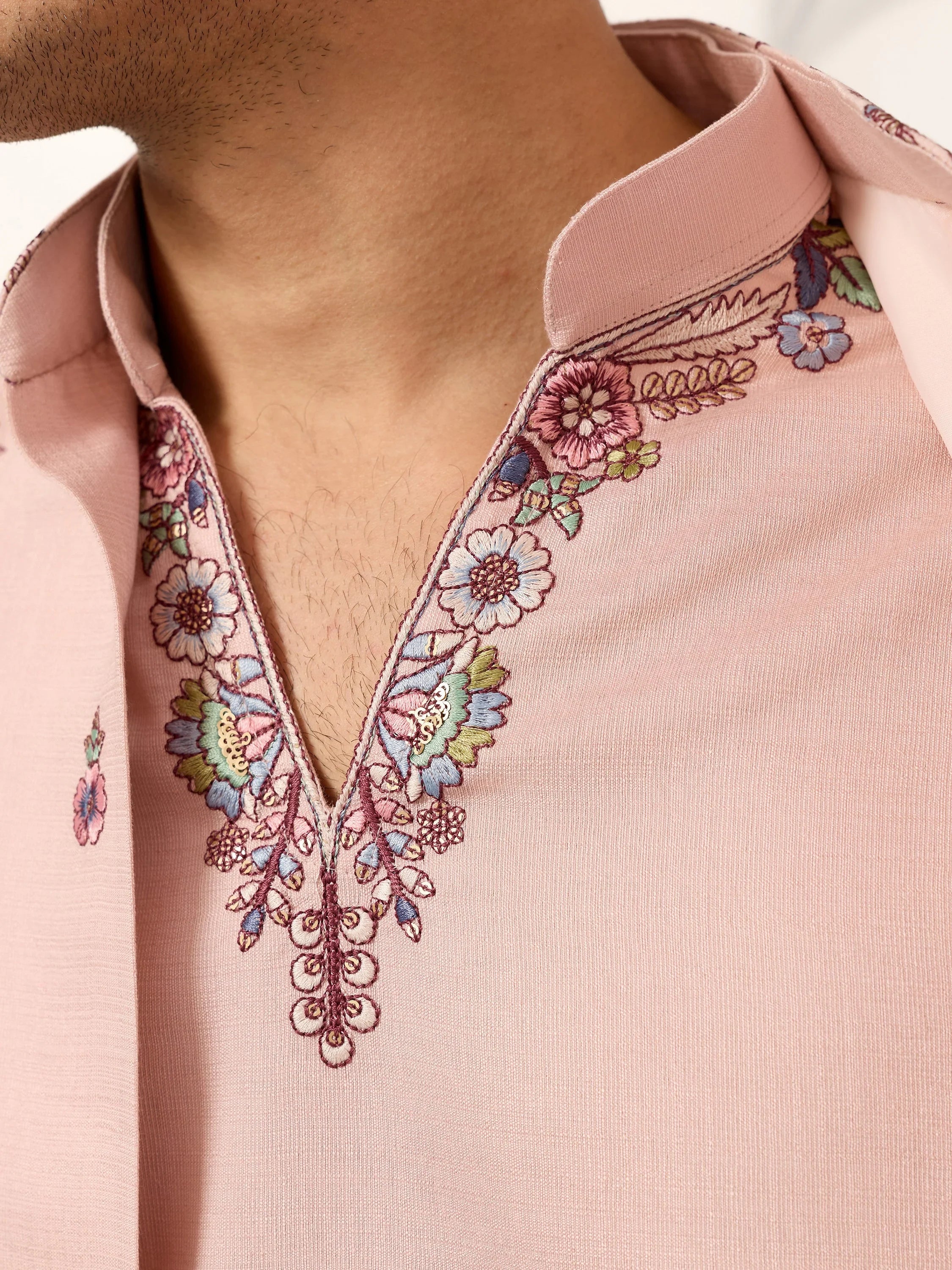 Awesome Peach Embroidered Silk Festival Wear Men’s Kurta With Koti