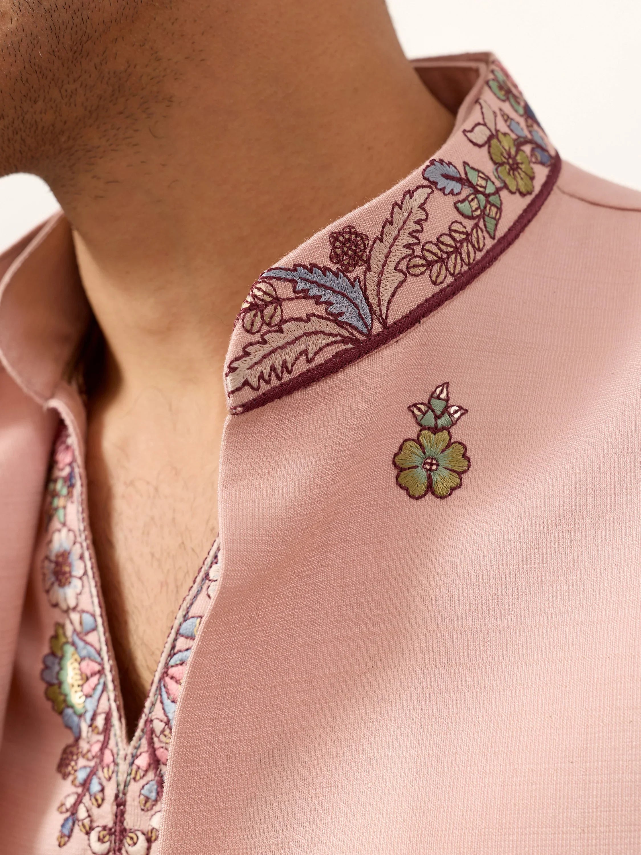 Awesome Peach Embroidered Silk Festival Wear Men’s Kurta With Koti